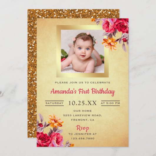 Rosa Blütengolden Glitzer Erster Geburtstag Einlad Einladung (Vorne/Hinten)