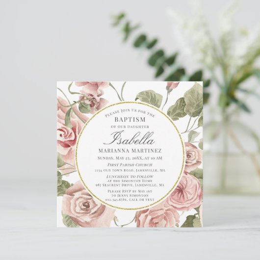 Rosa Blütengoldene Taufe im runden Rahmen Einladung (Stehend Vorderseite)