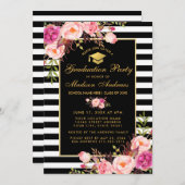 Rosa Blütengoldgestreifte Graduierungsparty Einlad Einladung (Vorne/Hinten)