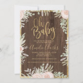 Rosa Blütengoldgrenze rustikales Holz Babydusche Einladung (Vorderseite)