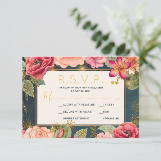 Rosa Blütengoldmarinade uAwg RSVP Karte (Stehend Vorderseite)
