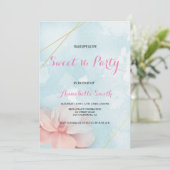 Rosa Blütengoldrahmen Blau Wasserfarbe Süß 16 Einladung (Stehend Vorderseite)