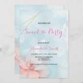 Rosa Blütengoldrahmen Blau Wasserfarbe Süß 16 Einladung (Vorne/Hinten)