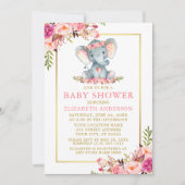 Rosa Blütengoldrahmen Elephant Baby Dusche Einladung (Vorderseite)