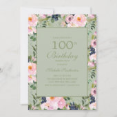 Rosa Blütengrün 100. Geburtstag Einladung (Vorderseite)