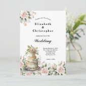 Rosa Blütengrün Hochzeitskuchen Einladung (Stehend Vorderseite)