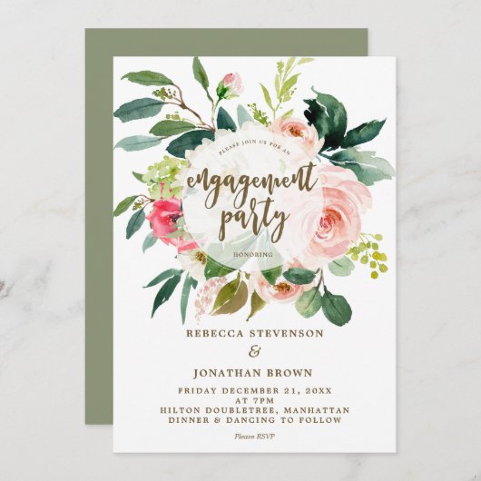 Rosa Blütengrün-Party Einladung (Vorne/Hinten)