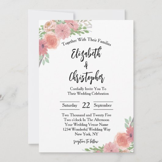 Rosa Blütengrün Rosa Grün Elegant Moderne Hochzeit Einladung (Vorderseite)