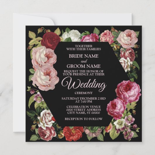 Rosa Blütengrün Rustikale Schwarze Hochzeit Einladung (Vorderseite)