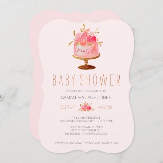 Rosa Blütenkuchen Die Girl-Baby-Dusche lädt ein Einladung (Vorne/Hinten)