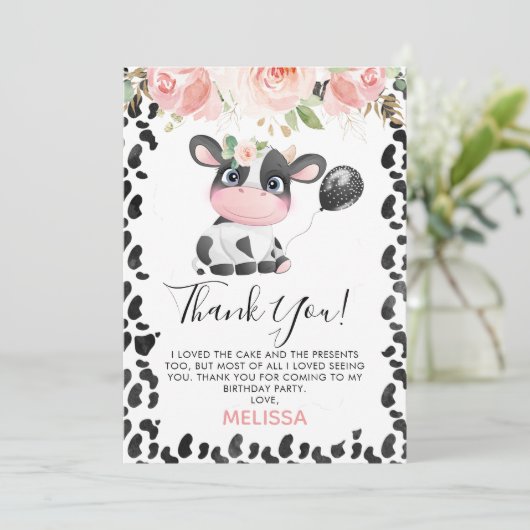 Rosa Blütenkuh Print Birthday Danke Karte (Stehend Vorderseite)