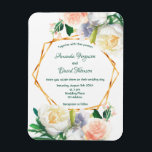 Rosa Blütenladen Magnet<br><div class="desc">Weiße,  weiße Rose in Aquarellfarben,  Rosa in Rosa und Blau und Korallen. Eleganter weißer Hintergrund. Vorlagen für Namen und Hochzeitsdetails. Die Namen sind mit einem modernen und eleganten Handschrift geschrieben. Grüne Buchstaben. Mit einem Imitat goldener geometrischer Rahmen.</div>