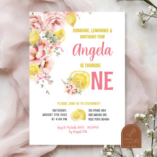 Rosa Blütenlemon Sweet One First Birthday Einladung