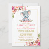 Rosa Blütenlephant Baby Dusche Gold Rahmen Einladung (Vorderseite)