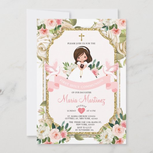 Rosa Blütenmädchen 1. Kommunion Gold Glitzer Einladung (Vorderseite)