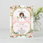 Rosa Blütenmädchen 1. Kommunion Gold Glitzer Einladung (Stehend Vorderseite)