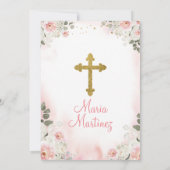 Rosa Blütenmädchen 1. Kommunion Gold Glitzer Einladung (Rückseite)