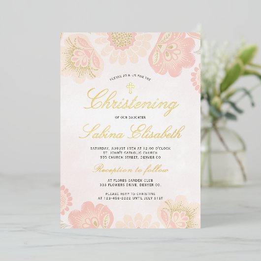 Rosa Blütenmädchen Goldkreuz Folieneinladung (Stehend vorne)