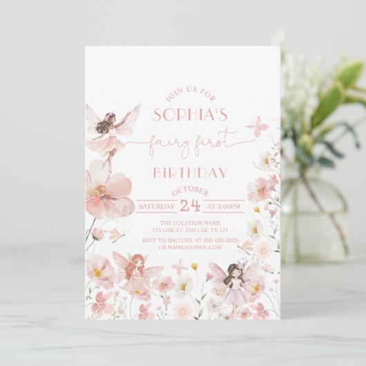 Rosa Blütenmärchen Einladung zum ersten Geburtstag (Stehend Vorderseite)