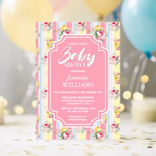 Rosa Blütenmatte Babydusche Einladung