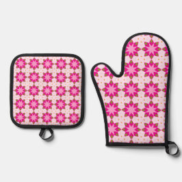 Rosa Blütenmosaik-Muster Ofenhandschuh & Topflappen-Set