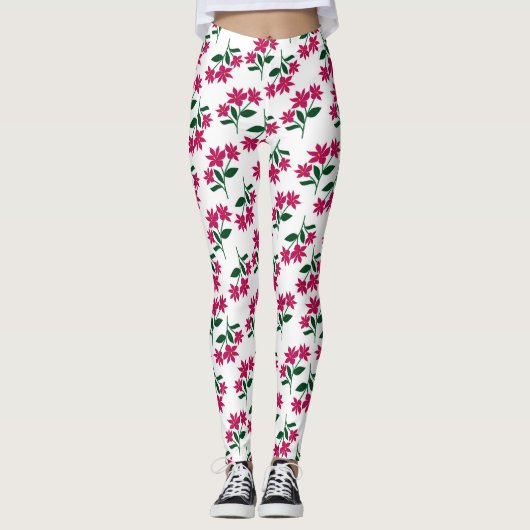 Rosa Blütenmuster auf weißem Hintergrund Leggings (Vorderseite)