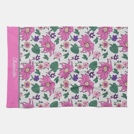 Rosa Blütenmuster - nahtloser personalisierter Nam Geschirrtuch (Horizontal)