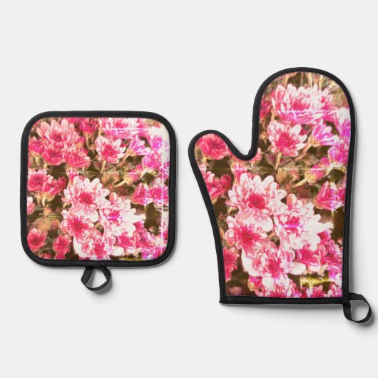 Rosa Blütenmuster Ofenhandschuh & Topflappen-Set (Vorderseite)
