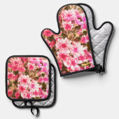 Rosa Blütenmuster Ofenhandschuh & Topflappen-Set (Vorderseite/Rückseite)