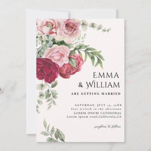 Rosa Blütenpink und Marsala-Rose Einladung (Vorderseite)