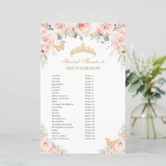 Rosa Blütenpinsel Gold Quinceñera Mis Padrinos (Stehend Vorderseite)