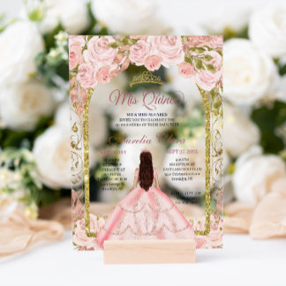 Rosa Blütenpinsel, Prinzessin Gold Arch Quinceaner Acryleinladungen