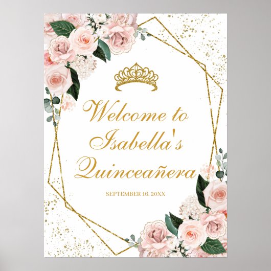 Rosa Blütenpinsel Quinceanera Begrüßungszeichen Poster (Vorne)