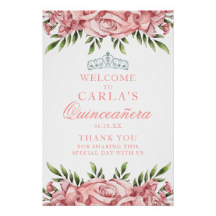 Rosa Blütenpinsel Quinceanera Begrüßungszeichen Poster