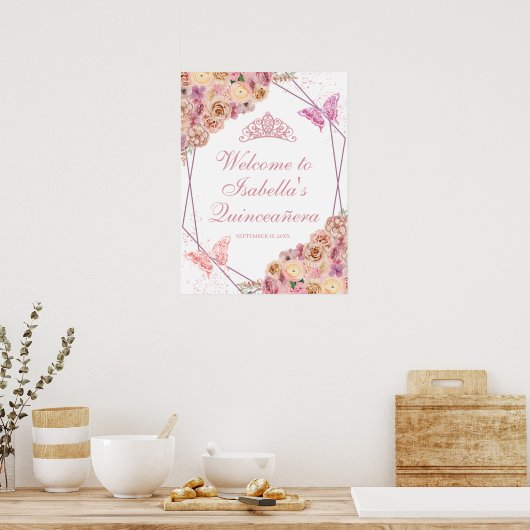 Rosa Blütenpinsel Quinceanera Begrüßungszeichen Poster (Küche)
