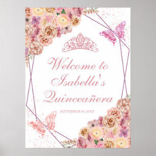 Rosa Blütenpinsel Quinceanera Begrüßungszeichen Poster