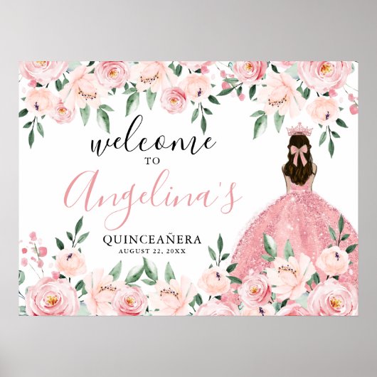 Rosa Blütenpinsel Quinceañera Begrüßungszeichen Poster (Vorne)