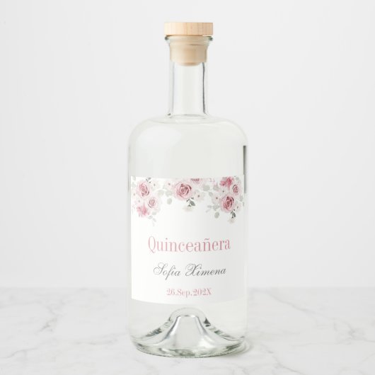 Rosa Blütenpinsel Quinceñera Alkoholflaschenetikett (Vorderseite)