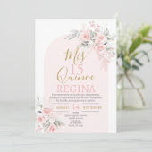 Rosa Blütenpinsel Quinceñera Einladung (Stehend Vorderseite)