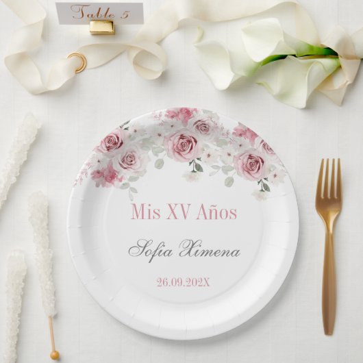 Rosa Blütenpinsel Quinceñera Pappteller (Hochzeit)