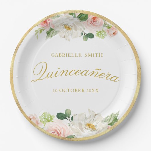 Rosa Blütenpracht Quinceanera Pappteller (Vorderseite)