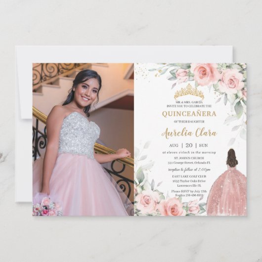 Rosa Blütenpracht Rose Gold Quinceñera Einladung (Vorderseite)