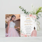Rosa Blütenpracht Rose Gold Quinceñera Einladung (Stehend Vorderseite)