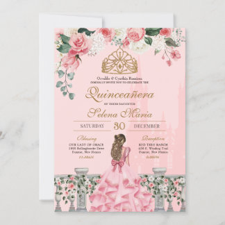 Rosa Blütenpracht und Goldene Prinzessin Fairytale Einladung