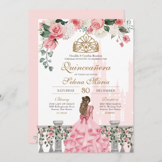 Rosa Blütenpracht und Goldene Prinzessin Fairytale Einladung (Vorne/Hinten)