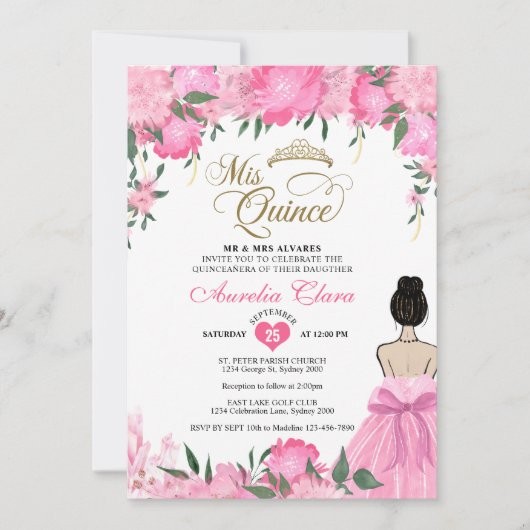 Rosa Blütenprinzessin Mis Quince Quinceañera Einladung (Vorderseite)