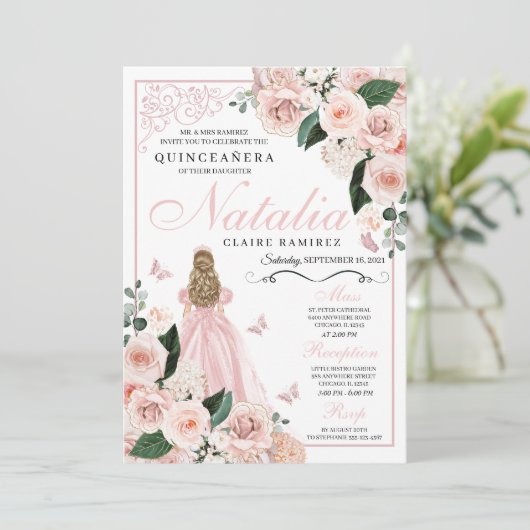 Rosa Blütenprinzessin Quinceanera Einladung (Stehend Vorderseite)