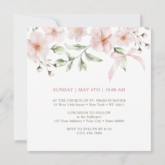 Rosa Blütenrahmen Erste Kommunion Platz Einladung (Rückseite)