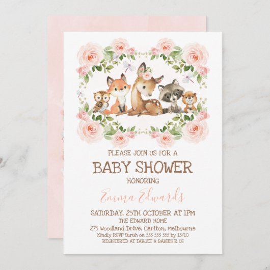 Rosa Blütenrahmenholz Kinderdusche Einladung (Vorne/Hinten)