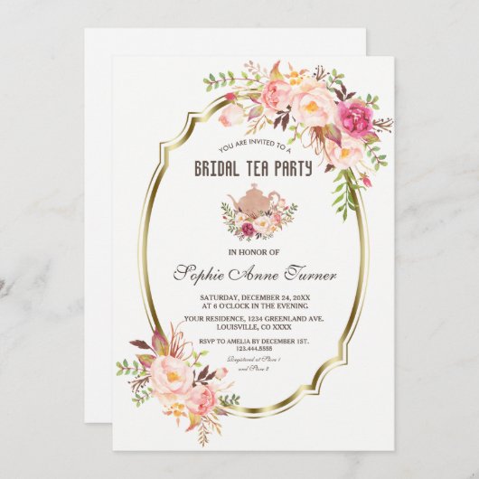 Rosa Blütenrosa Brautparty Teezeremonie Party Einladung (Vorne/Hinten)